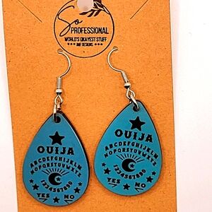 Handmade blue ouija board teardrop earrings